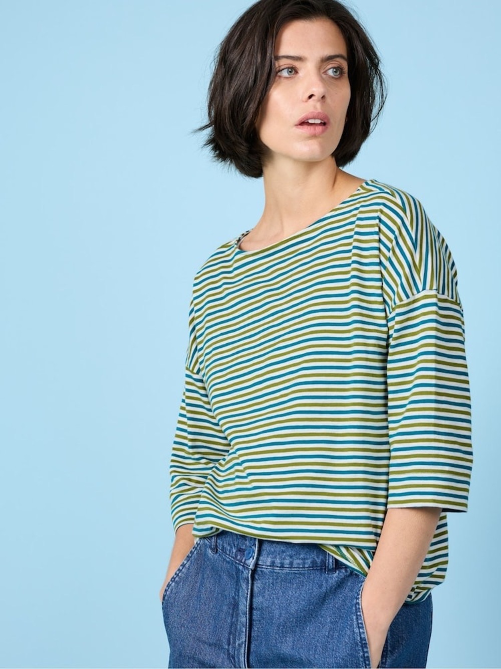 Seasalt Cornwall Organic Cotton Tremayne Quay Top Green and White Stripe - Picture 8 of 9